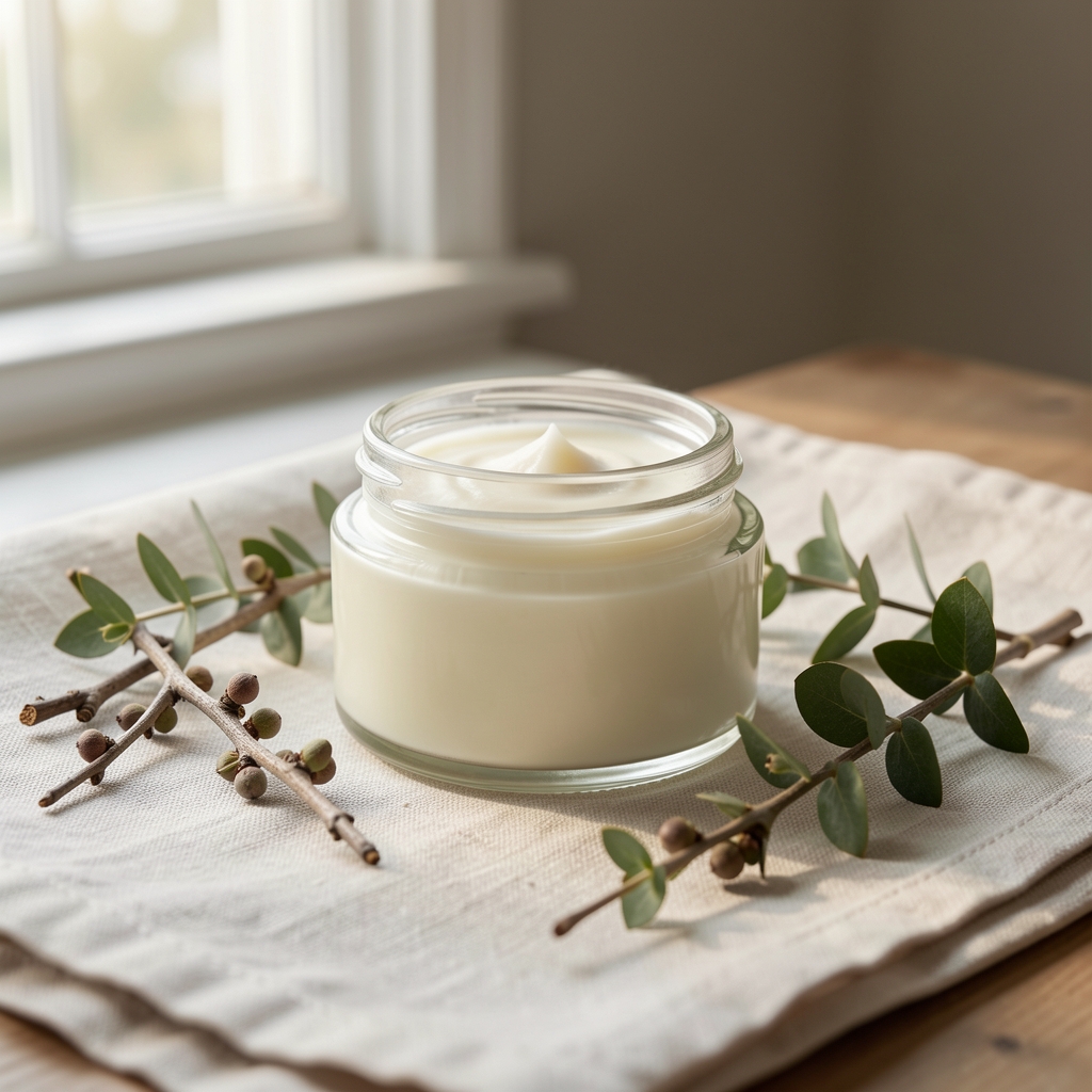 Large glass jar of rich body butter cream photographed on a pale linen surface with sprigs of dried botanicals alongside, overhead flat-lay composition in cool natural daylight